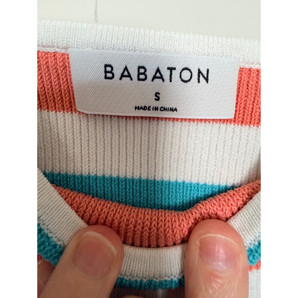 Babaton Sculpt Knit Striped Crop Top Square Neck Tank Coral Teal White Sz Small - Picture 3 of 6